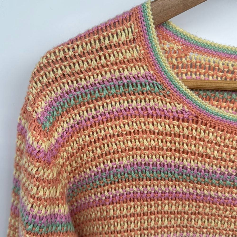 ORVIS Crewneck Ramie/Cotton‎ Open-Knit Sweater Pastel Multi-Color Stripes Sz XL - Picture 2 of 8